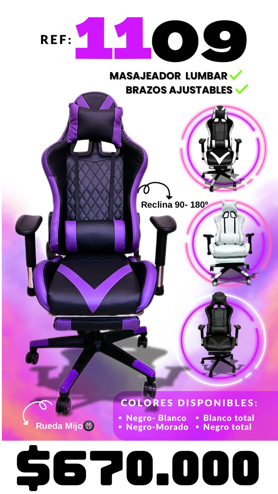 Silla Gamer Ref 1109 Masajeador Lumbar y Brazos Ajustables